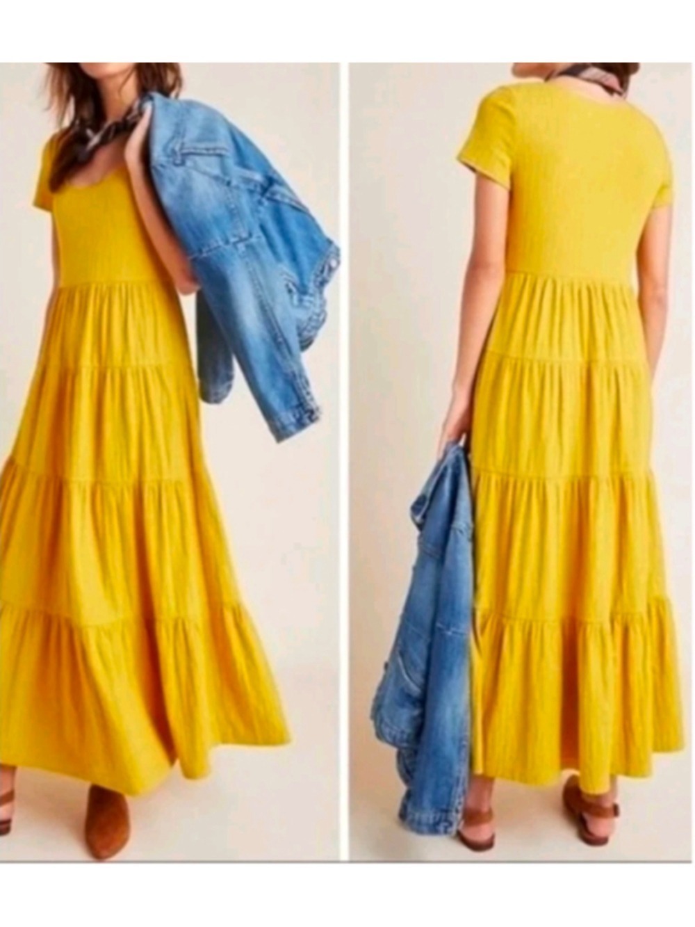 Anthropologie Maeve Gillian Tiered Maxi Dress Mustard Yellow Knit Size S